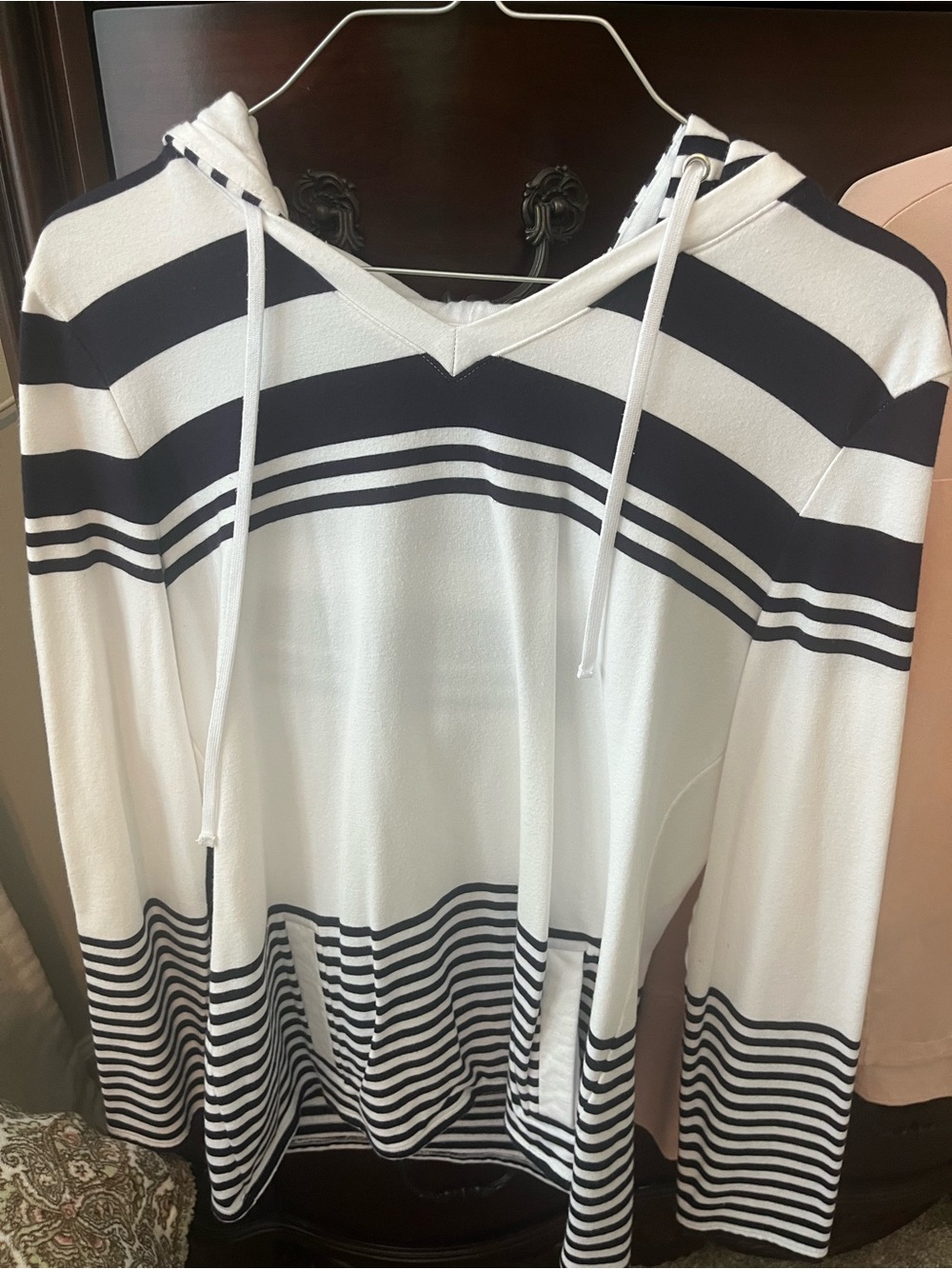 Talbots White and Black Striped Hooded Pullover